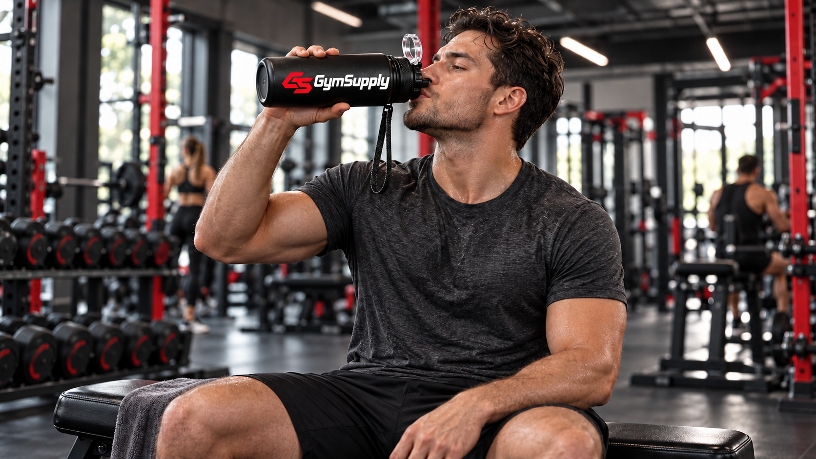 Deportista bebiendo de una GymSupply Bottle en el gimnasio