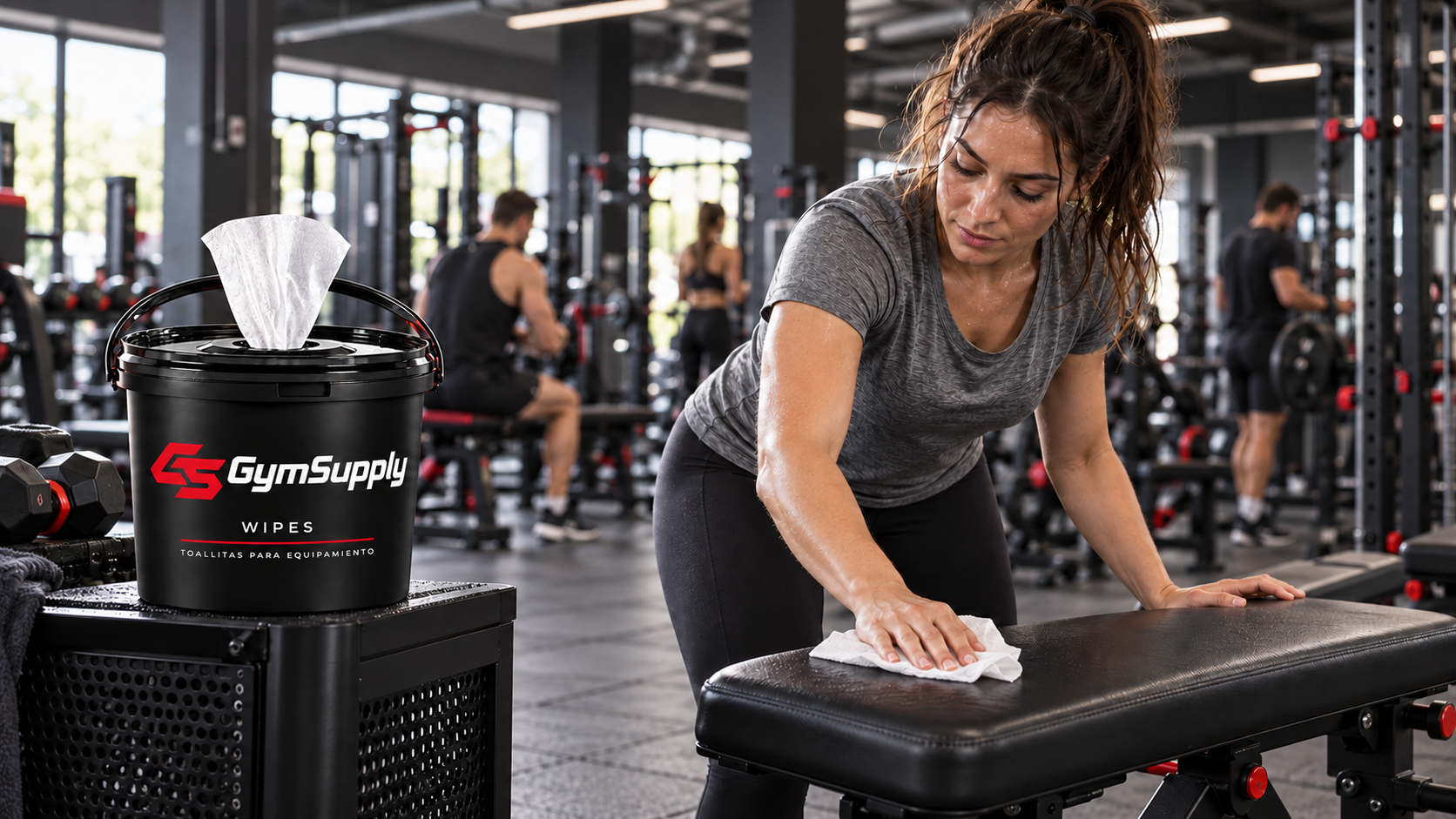 Deportista limpiando un banco del gimnasio junto al cubo GymSupply Wipes